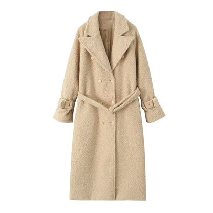 Winter Women Clothing All Match Bead Leather Tweed Long Woolen Coat