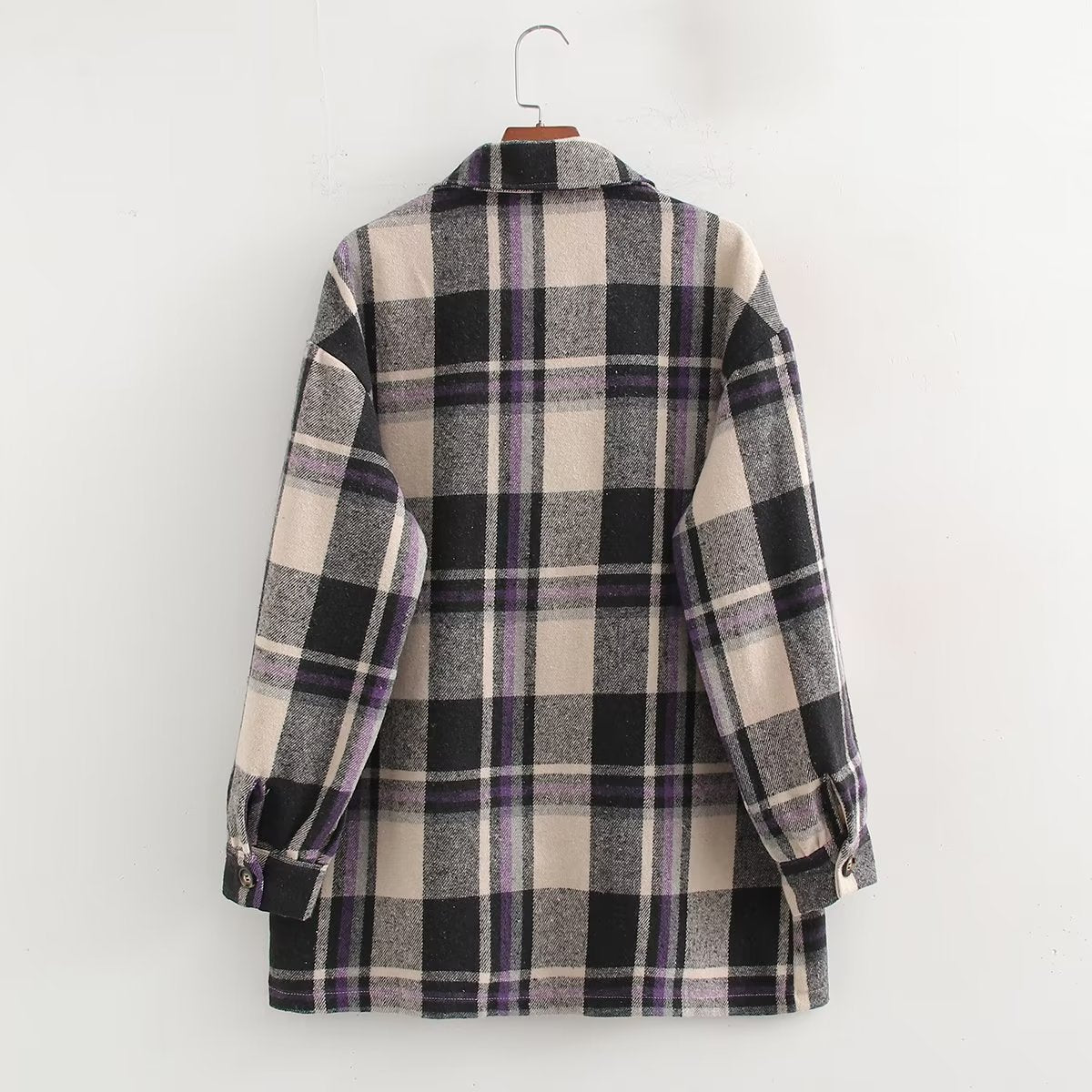 Fall Mid Length All Match Plaid Collared Shirt Trendy Casual Jacket