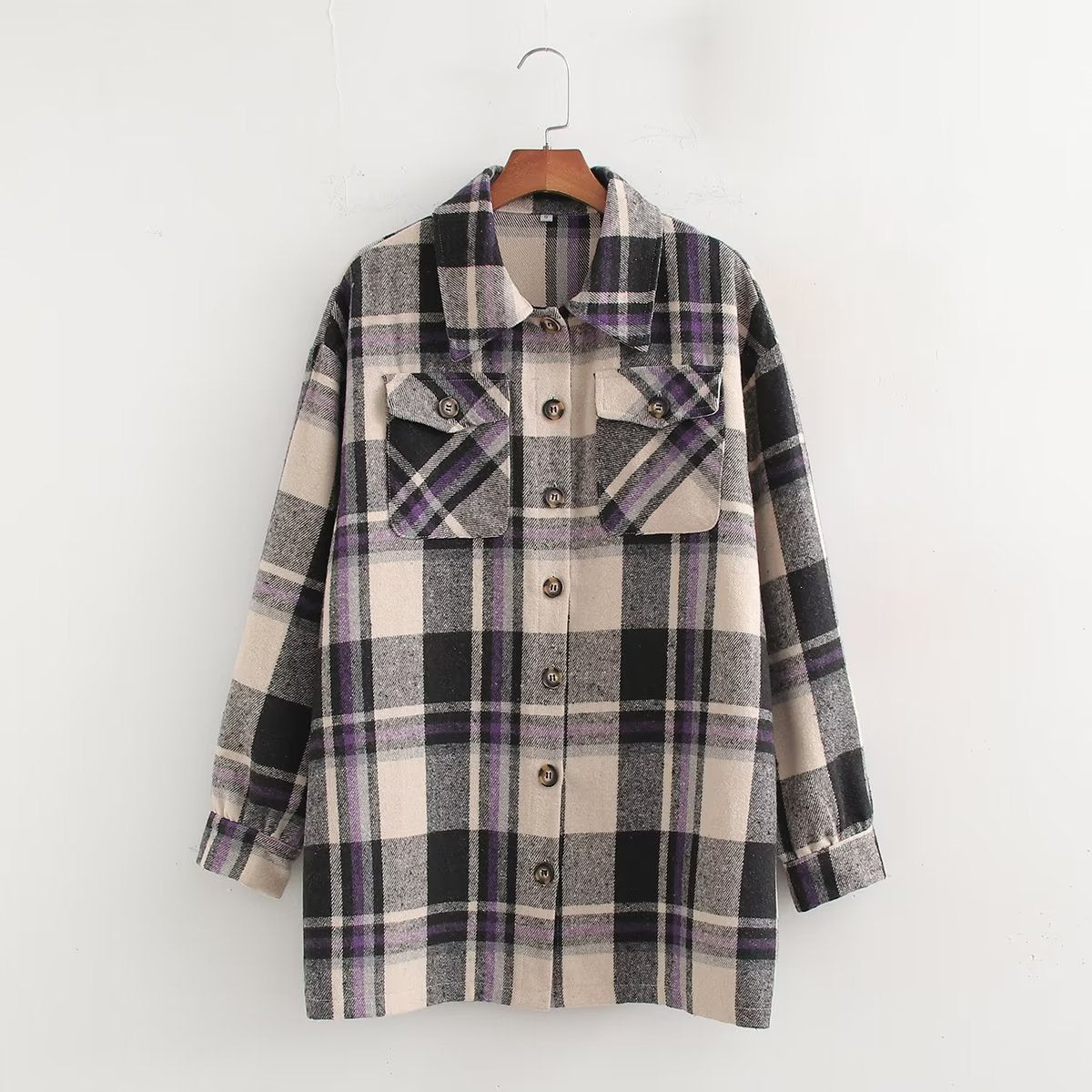 Fall Mid Length All Match Plaid Collared Shirt Trendy Casual Jacket