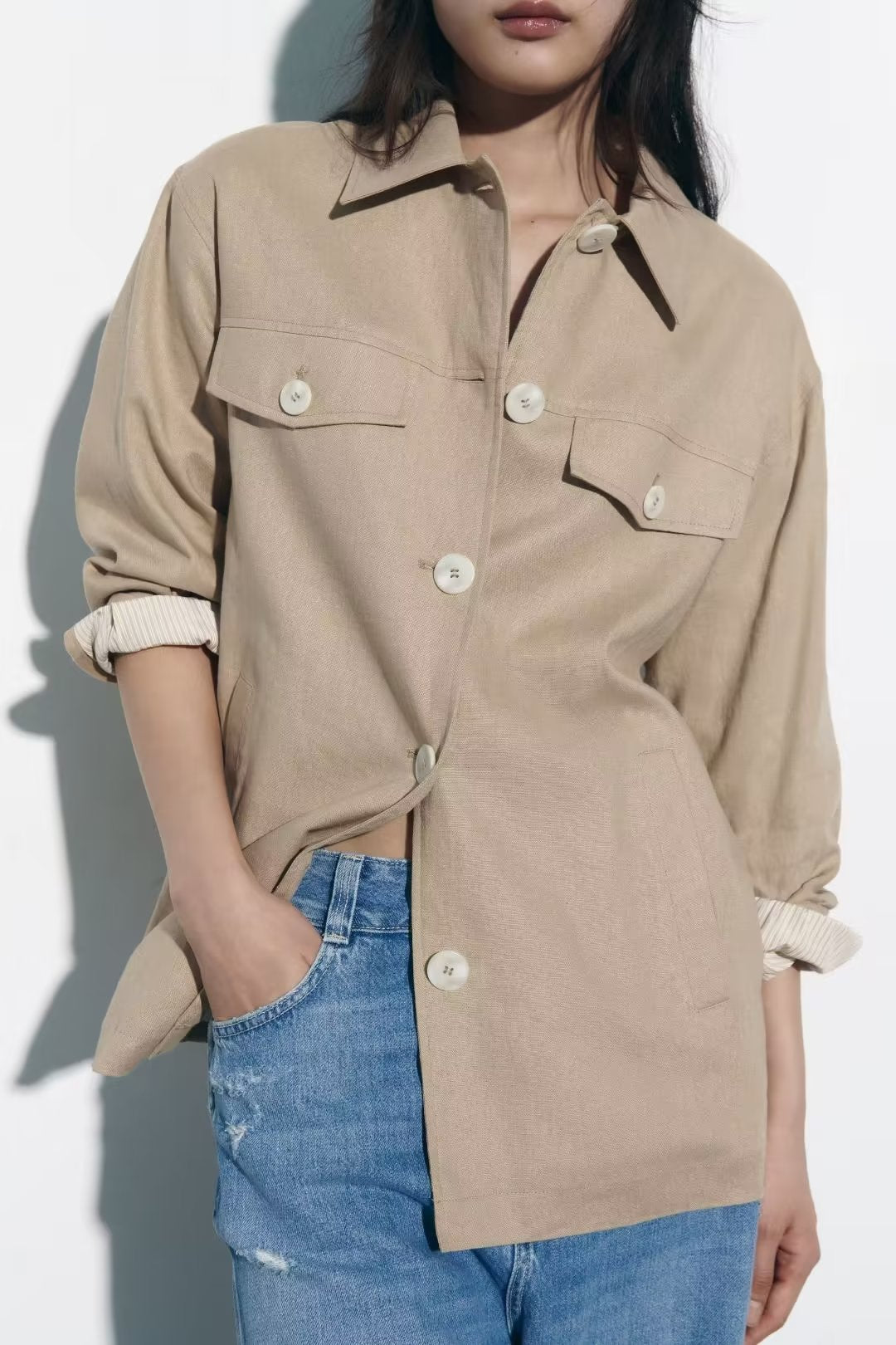 Women Autumn Polo Collar Single Breasted Long Sleeve Linen Blended Mid Length Casual Coat