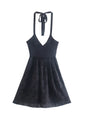 Women Clothing Hollow Out Cutout Embroidery Stitching Knitted Dress Halter Backless Mini Dress