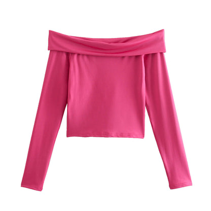 Spring Flip Sexy off Shoulder Long Sleeve T shirt Women Solid Color Slim Fit Crop Top