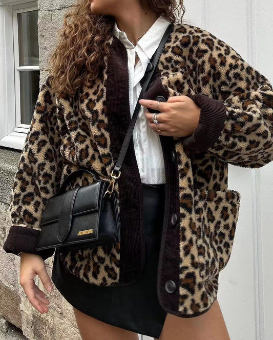 Autumn Casual Leopard Print Round Neck Loose Casual Jacket Coat