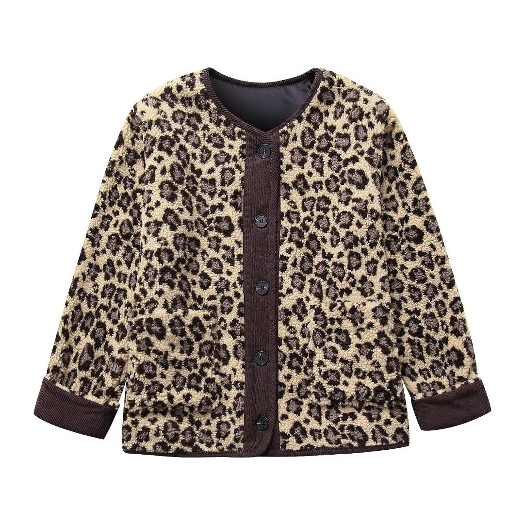 Autumn Casual Leopard Print Round Neck Loose Casual Jacket Coat