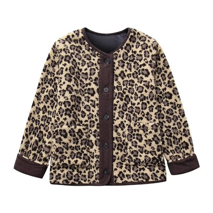 Autumn Casual Leopard Print Round Neck Loose Casual Jacket Coat