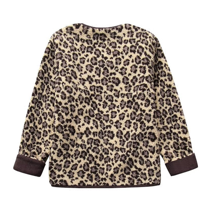 Autumn Casual Leopard Print Round Neck Loose Casual Jacket Coat