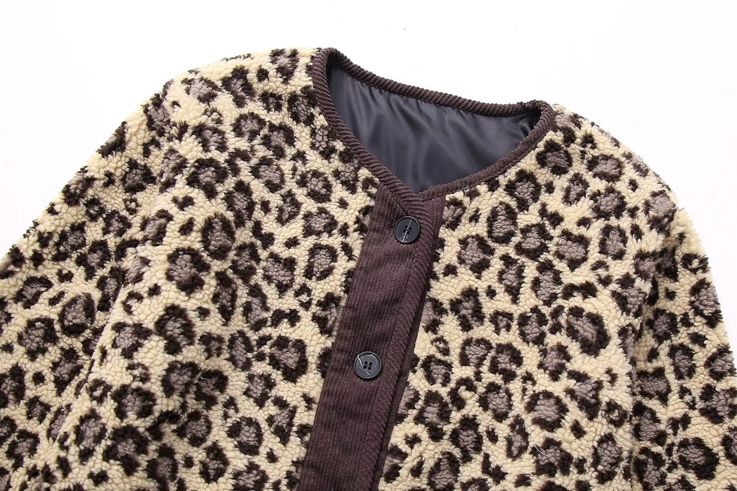 Autumn Casual Leopard Print Round Neck Loose Casual Jacket Coat