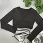 Deep V Plunge Neck Short Exposed Cropped Long Sleeve Tied T Shirt Southeast Asia Thin Sexy Top