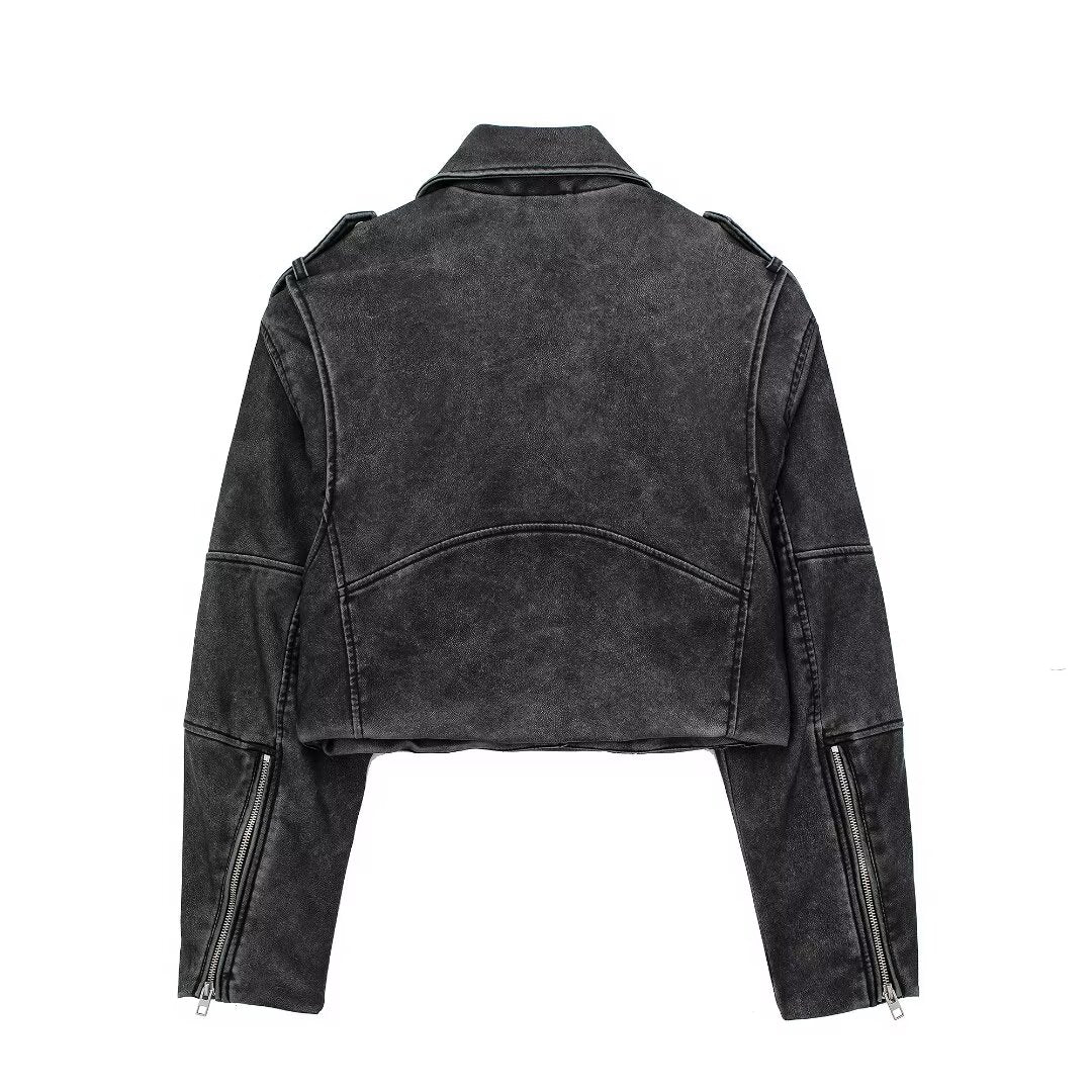 Women Clothing Distressed Effect Faux Leather Motorcycle Jacket Coat