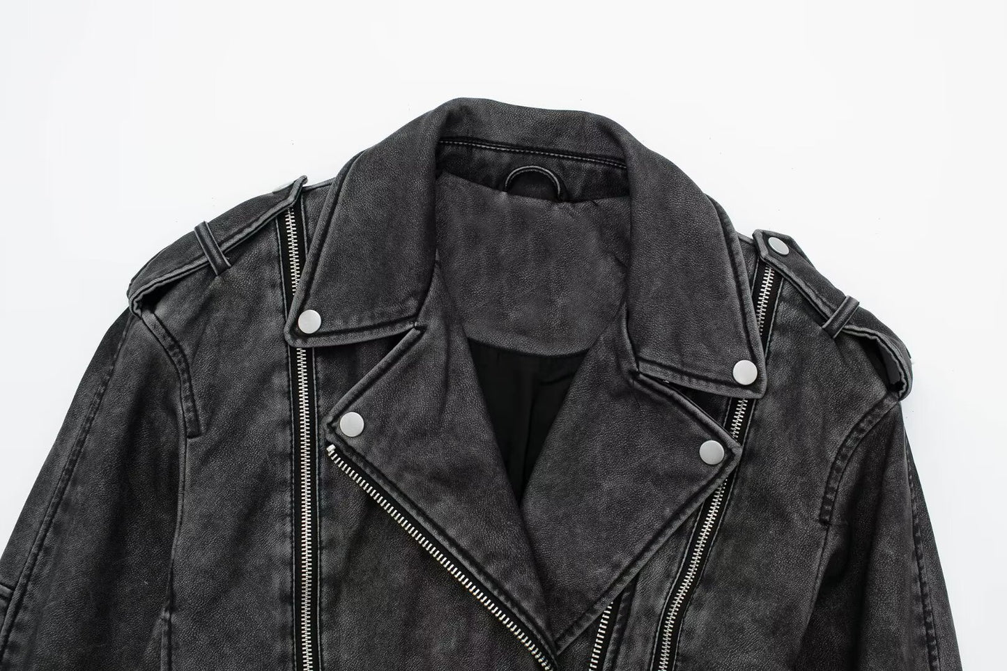 Women Clothing Distressed Effect Faux Leather Motorcycle Jacket Coat