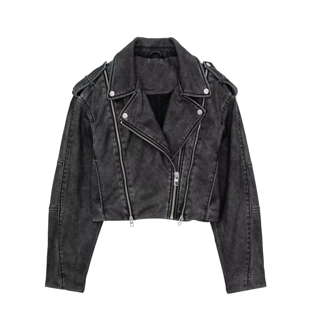 Women Clothing Distressed Effect Faux Leather Motorcycle Jacket Coat