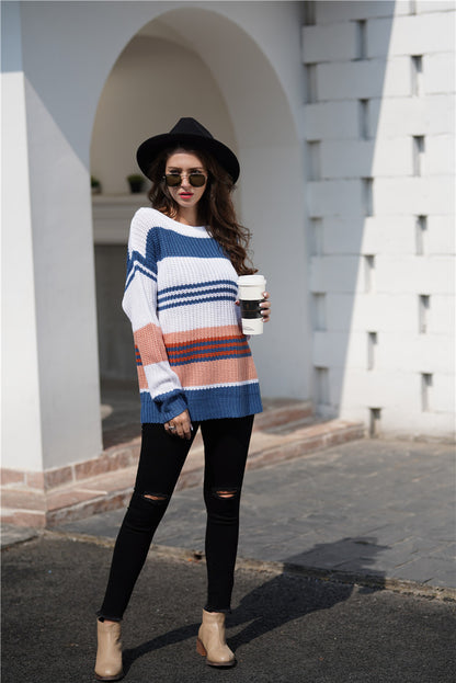 Women Rainbow Color Splicing Knitwear Pullover Office Loose Sweater Women