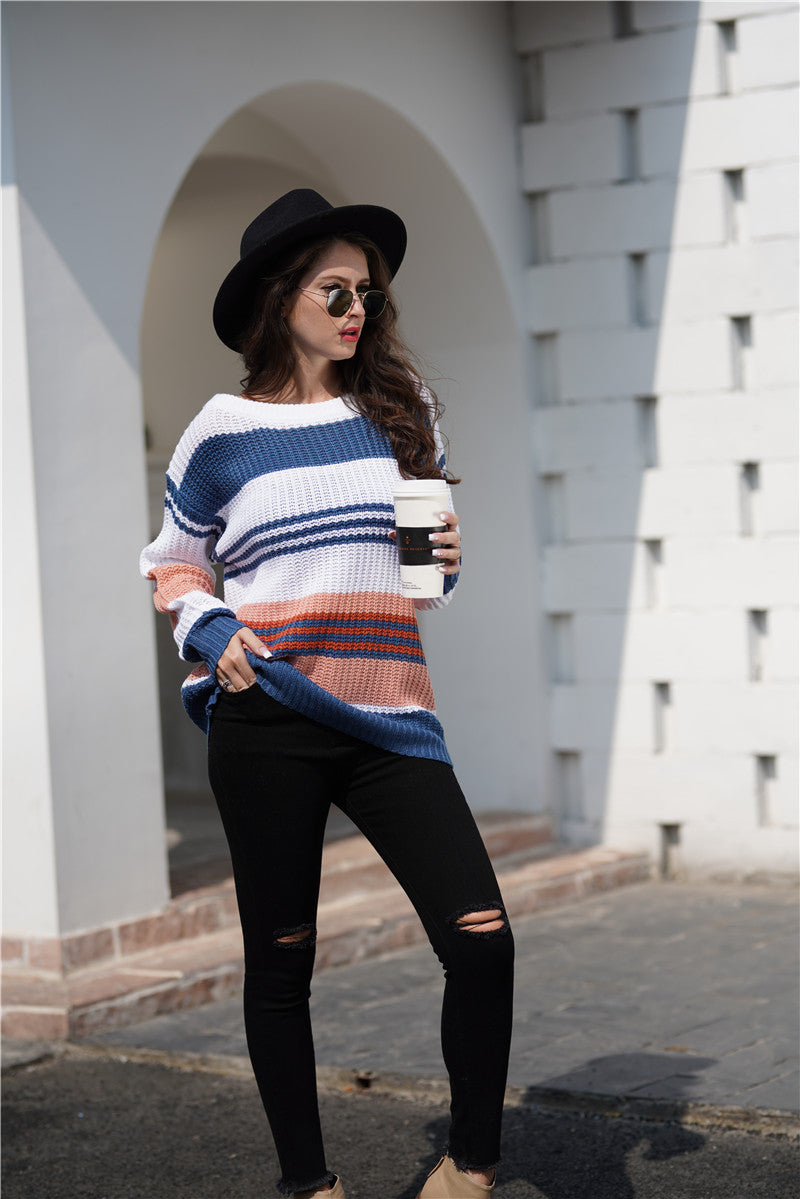 Women Rainbow Color Splicing Knitwear Pullover Office Loose Sweater Women