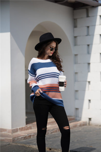 Women Rainbow Color Splicing Knitwear Pullover Office Loose Sweater Women