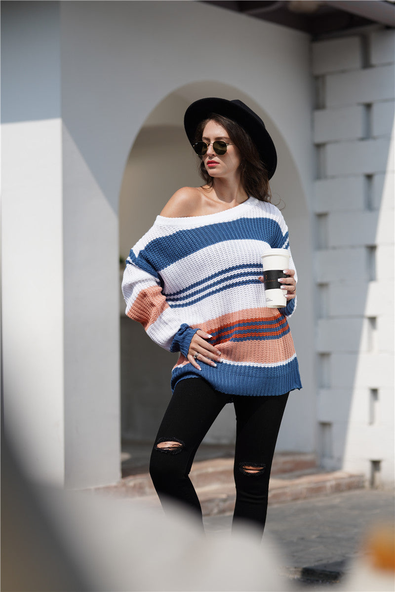 Women Rainbow Color Splicing Knitwear Pullover Office Loose Sweater Women