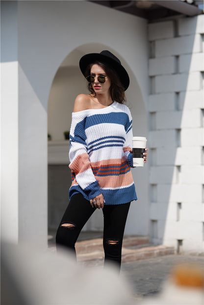 Women Rainbow Color Splicing Knitwear Pullover Office Loose Sweater Women