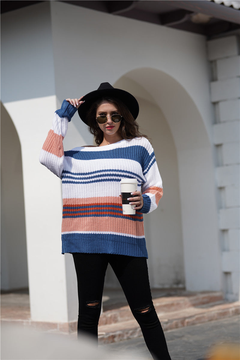 Women Rainbow Color Splicing Knitwear Pullover Office Loose Sweater Women