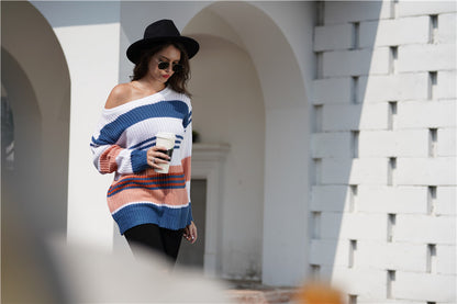 Women Rainbow Color Splicing Knitwear Pullover Office Loose Sweater Women