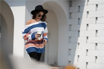 Women Rainbow Color Splicing Knitwear Pullover Office Loose Sweater Women