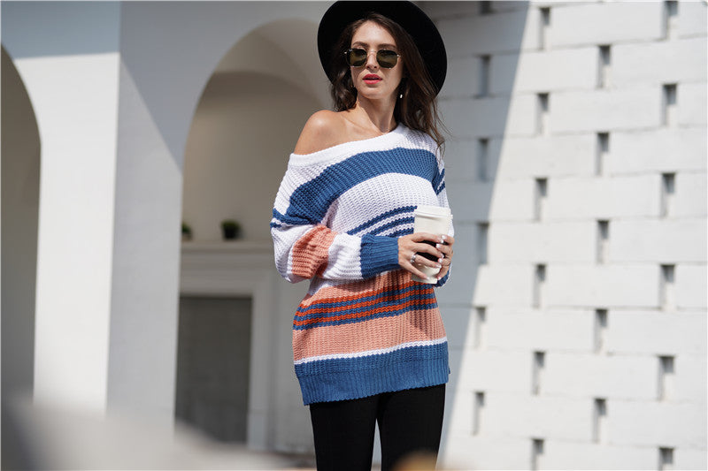 Women Rainbow Color Splicing Knitwear Pullover Office Loose Sweater Women