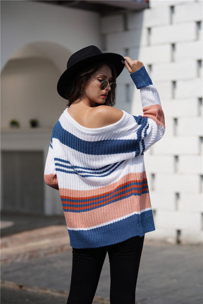 Women Rainbow Color Splicing Knitwear Pullover Office Loose Sweater Women