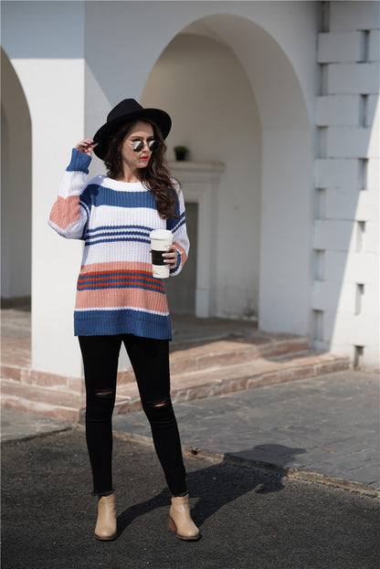 Women Rainbow Color Splicing Knitwear Pullover Office Loose Sweater Women