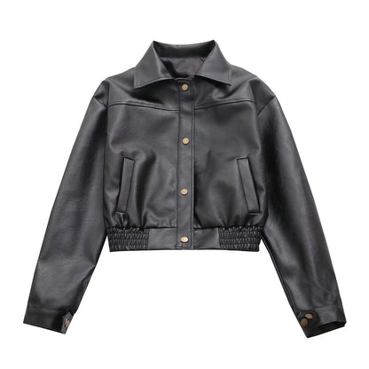 Black Short Leather Jacket Women Autumn Hong Kong Retro Loose Lapels Short Coat