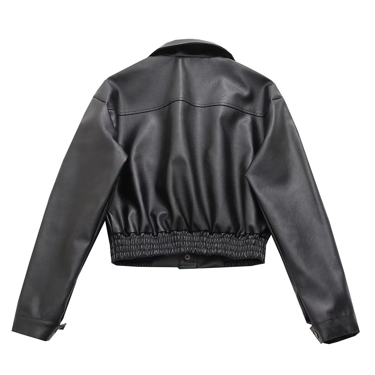 Black Short Leather Jacket Women Autumn Hong Kong Retro Loose Lapels Short Coat