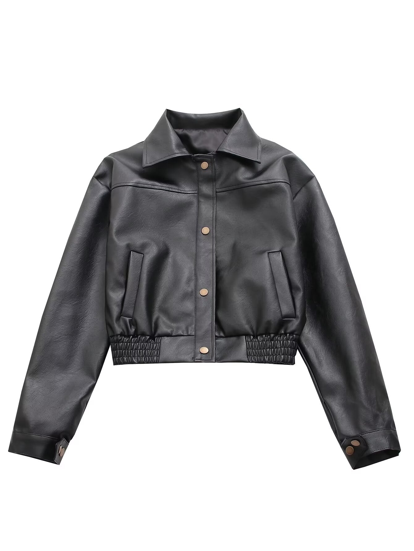 Black Short Leather Jacket Women Autumn Hong Kong Retro Loose Lapels Short Coat