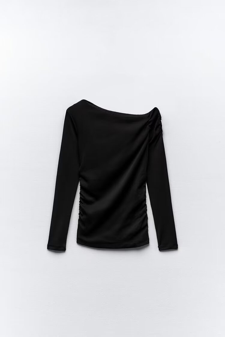 Women Clothing French Pleated Asymmetric Long Sleeved T shirt Top