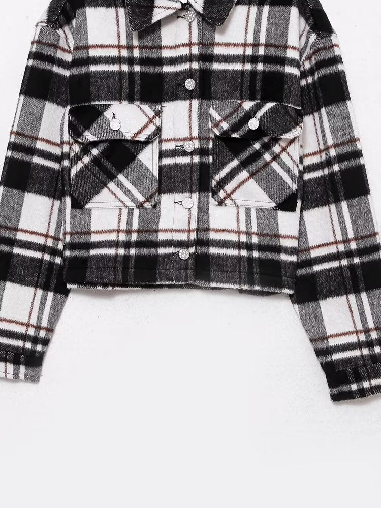 Fall Women Clothing Street Plaid Woolen Short Shacket