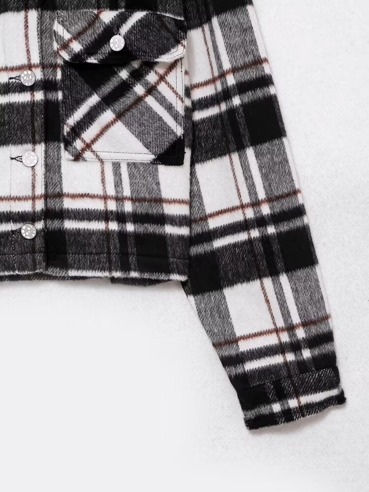 Fall Women Clothing Street Plaid Woolen Short Shacket