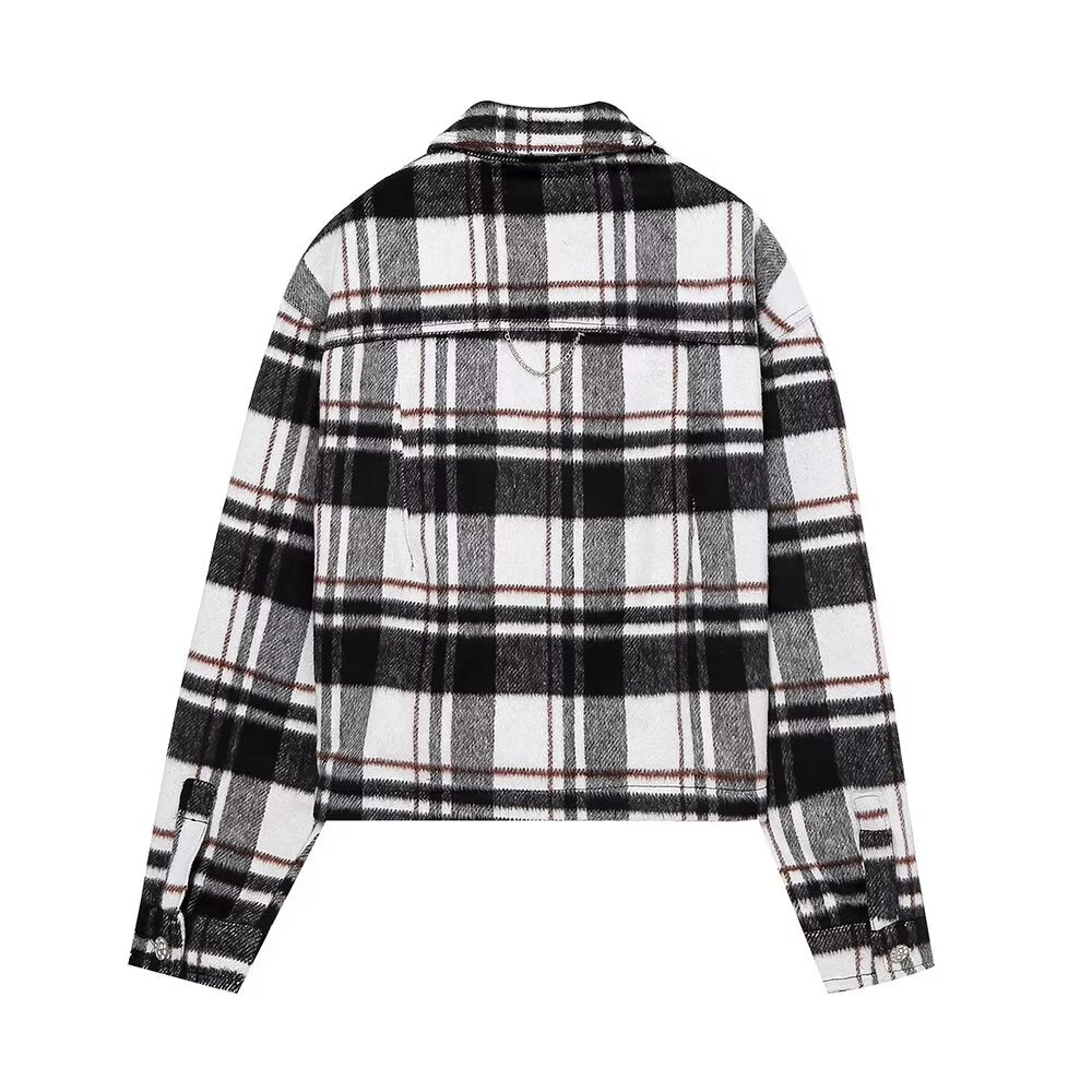 Fall Women Clothing Street Plaid Woolen Short Shacket