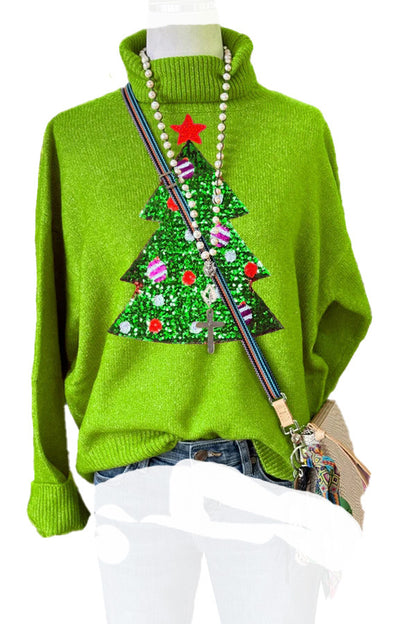 Ladies Winter Christmas Tree Sequined Embroidered Cotton Knitted Turtleneck Elegant Sweater