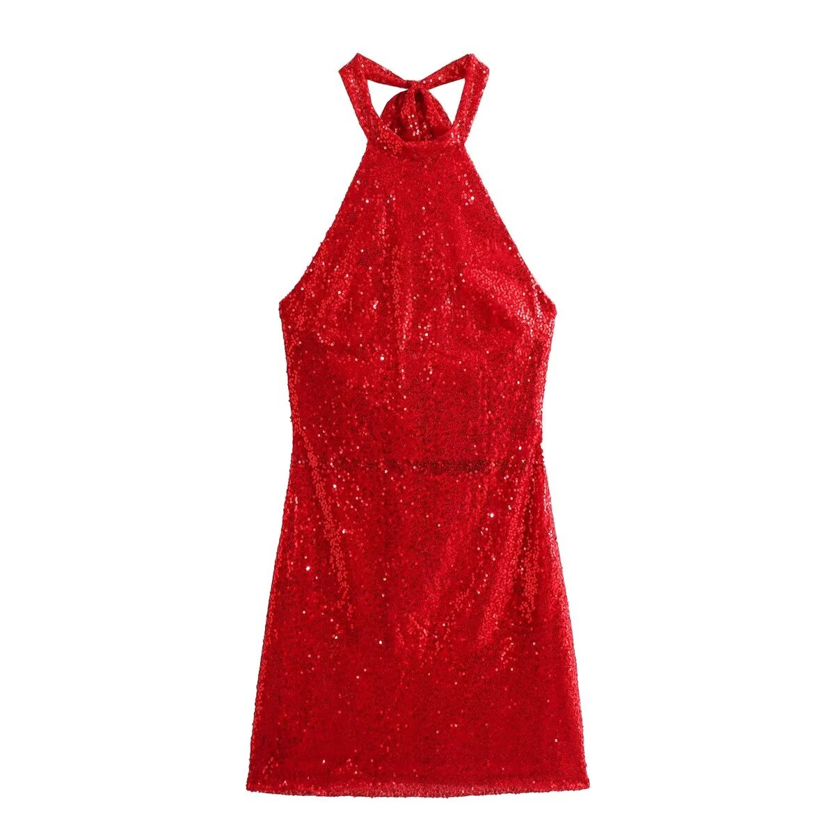 Women Sleeveless Sexy Sequined Halter Spaghetti Straps Dress Short Women