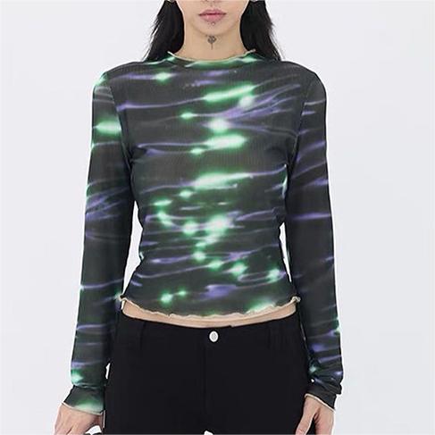 Water Wave Printed round Neck Pullover Mesh Long Sleeve Top Women Clothing