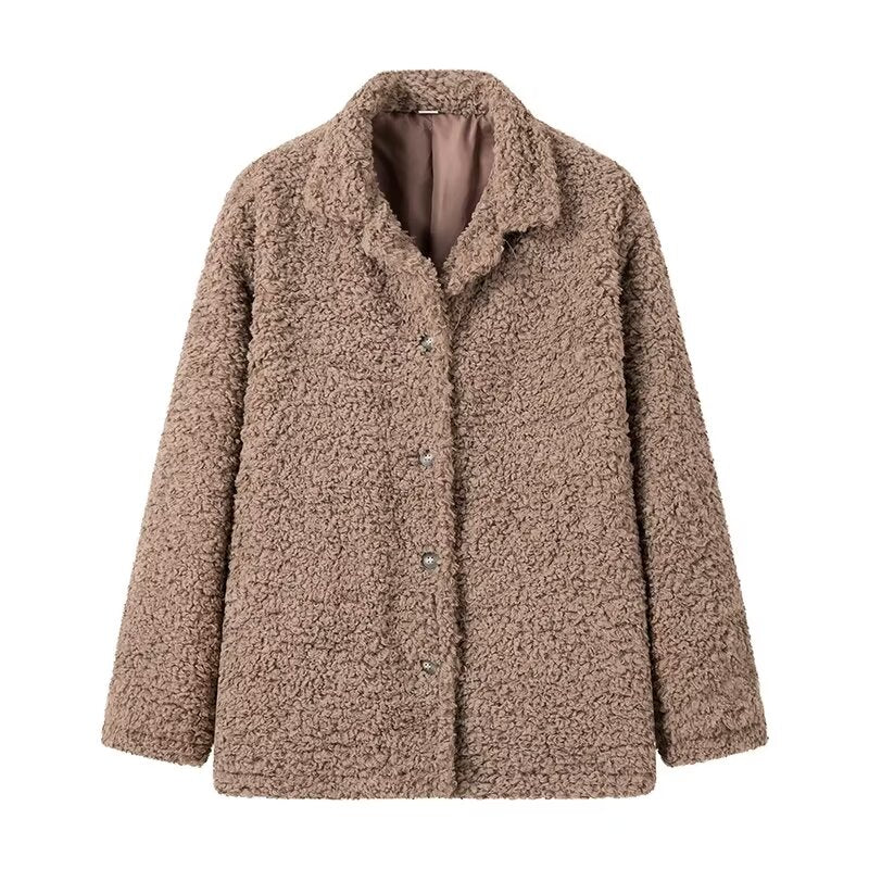 Women Clothing French Loose Lapels Buttons Decoration Big Wool Terry Coat