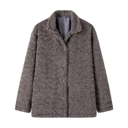 Women Clothing French Loose Lapels Buttons Decoration Big Wool Terry Coat