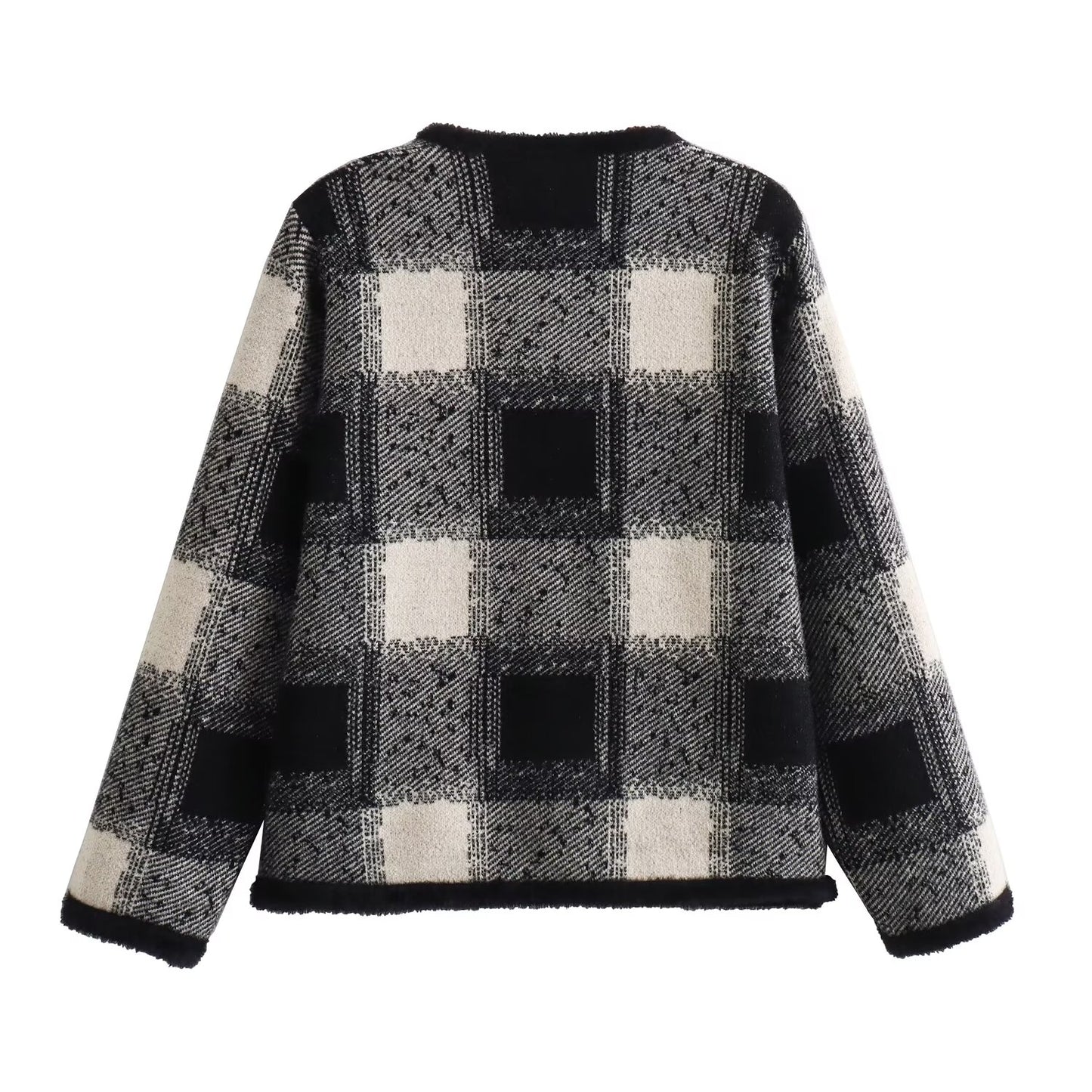 Women Clothing French Classic Color-Contrast Check Knitted Cardigan Women round Neck Double Breasted Sweater Coat