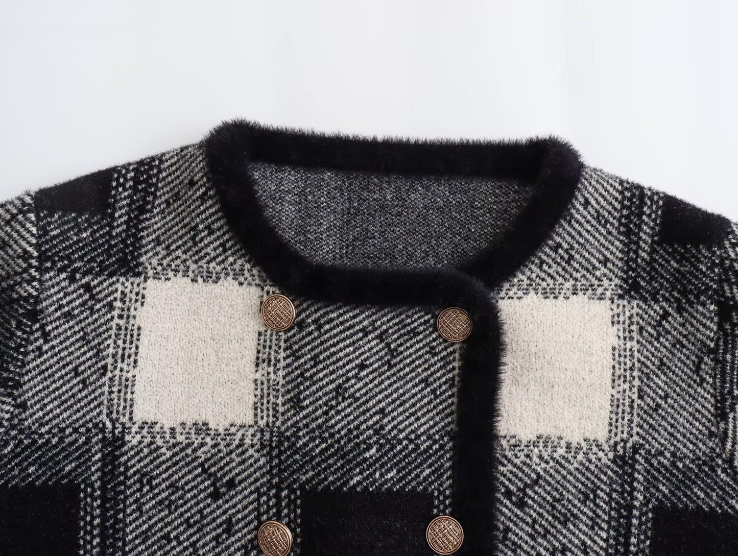 Women Clothing French Classic Color-Contrast Check Knitted Cardigan Women round Neck Double Breasted Sweater Coat