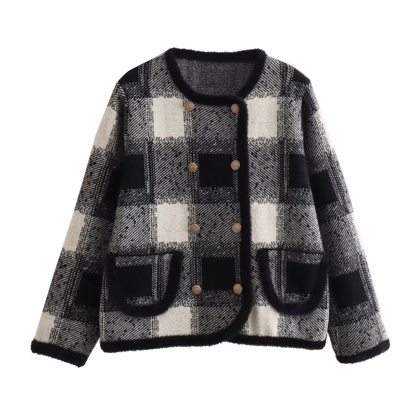 Women Clothing French Classic Color-Contrast Check Knitted Cardigan Women round Neck Double Breasted Sweater Coat