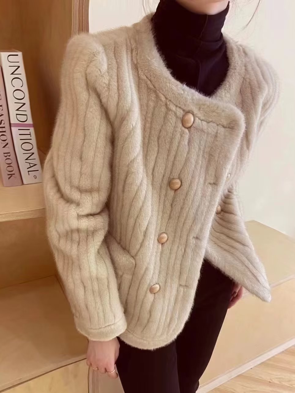 Winter Imitated Mink Sunken Stripe Classic Double Breasted Faux Shearling Jacket Loose Short Coat Women