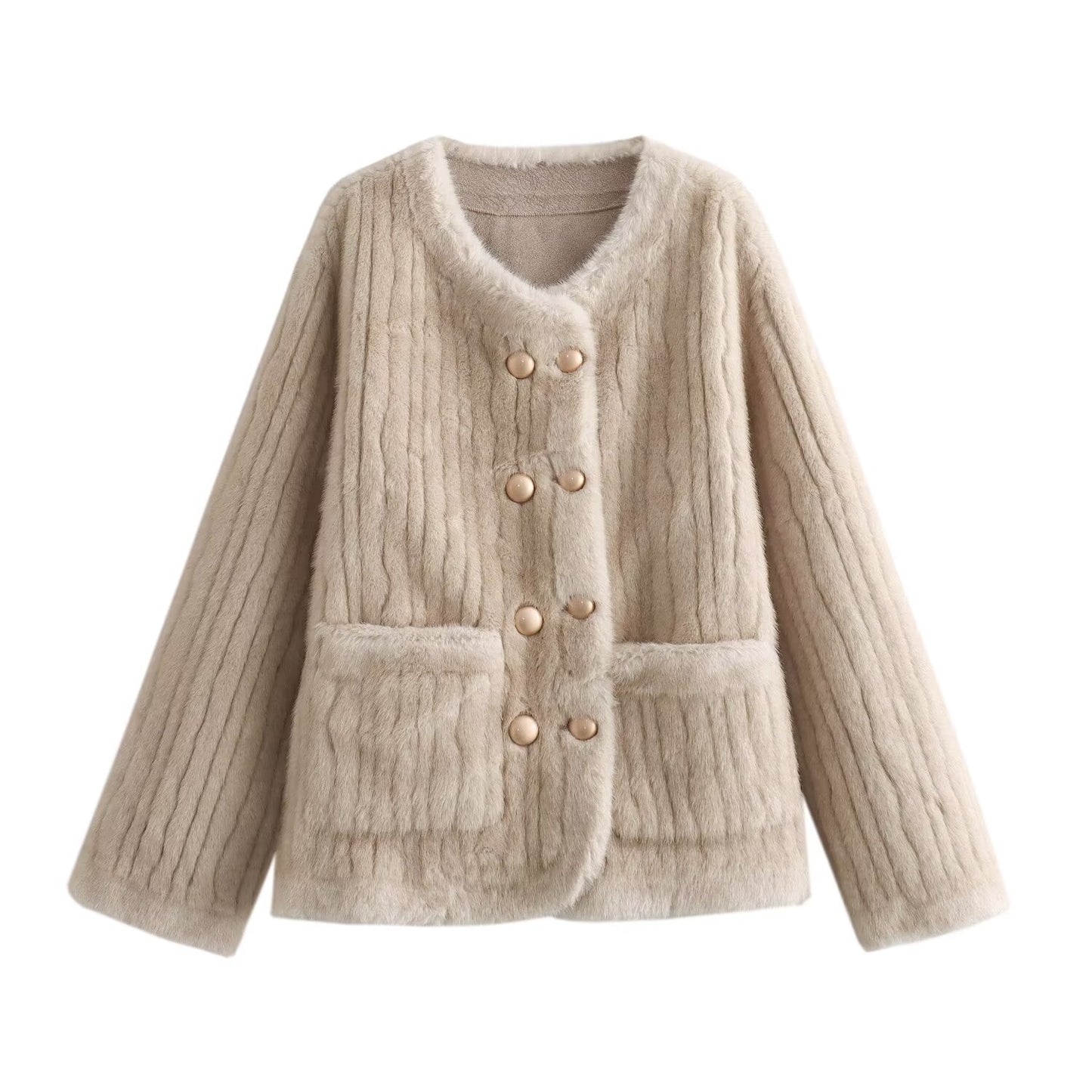 Winter Imitated Mink Sunken Stripe Classic Double Breasted Faux Shearling Jacket Loose Short Coat Women