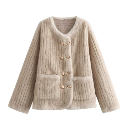 Winter Imitated Mink Sunken Stripe Classic Double Breasted Faux Shearling Jacket Loose Short Coat Women