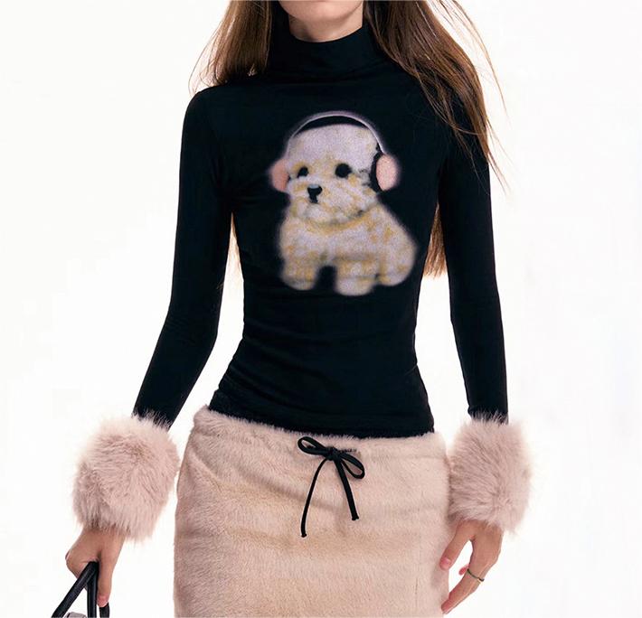 Millennium Sexy Cute Dog Printed Fur Cuff Round Neck Pullover Top Women Spring Autumn