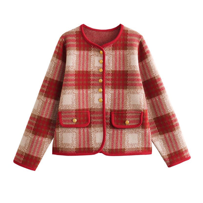 Winter Women Clothing Fashionable All Match Plaid Classic Knitted Coat