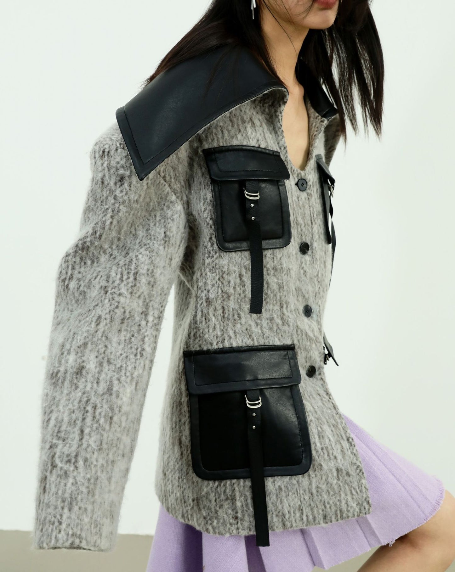 Autumn Winter Profile Drop Shoulder Contrast Color Big Collar Pocket Texture Woolen Coat Outerwear