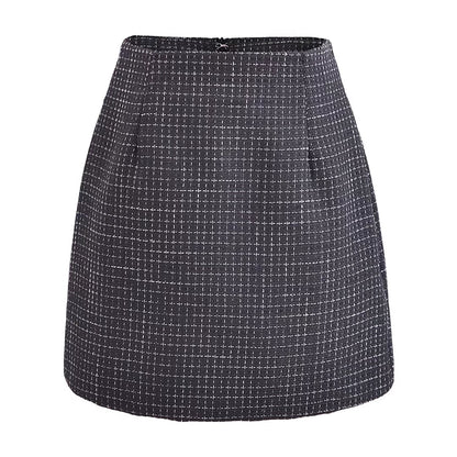 French Retro Debutante High Waist Skirt Fastener Decoration Slim Fit Tweed A- line Hip Wrapped Skirt