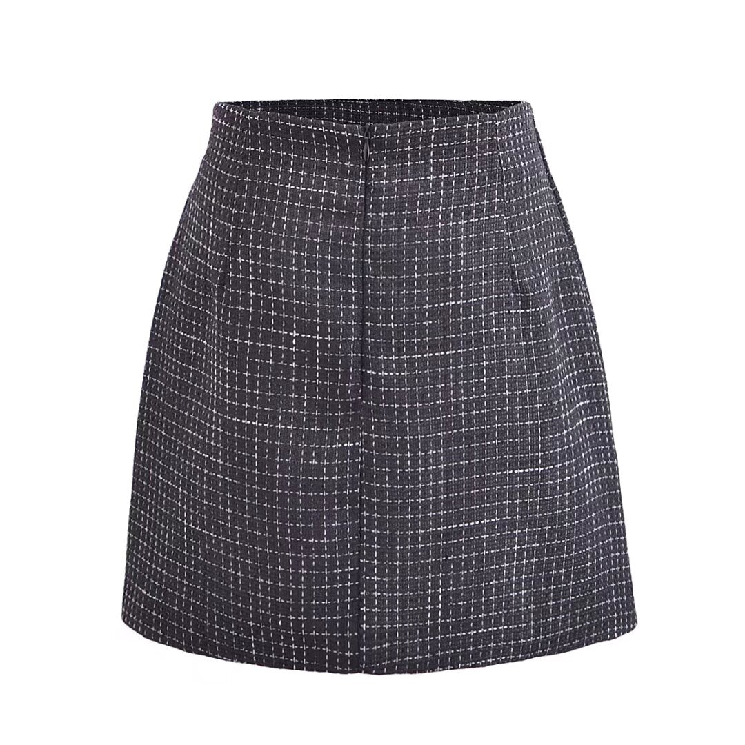 French Retro Debutante High Waist Skirt Fastener Decoration Slim Fit Tweed A- line Hip Wrapped Skirt