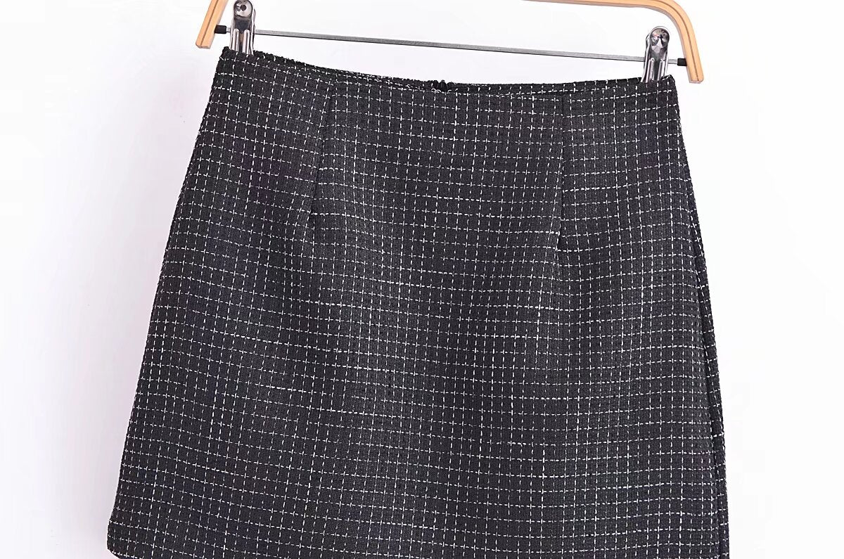 French Retro Debutante High Waist Skirt Fastener Decoration Slim Fit Tweed A- line Hip Wrapped Skirt